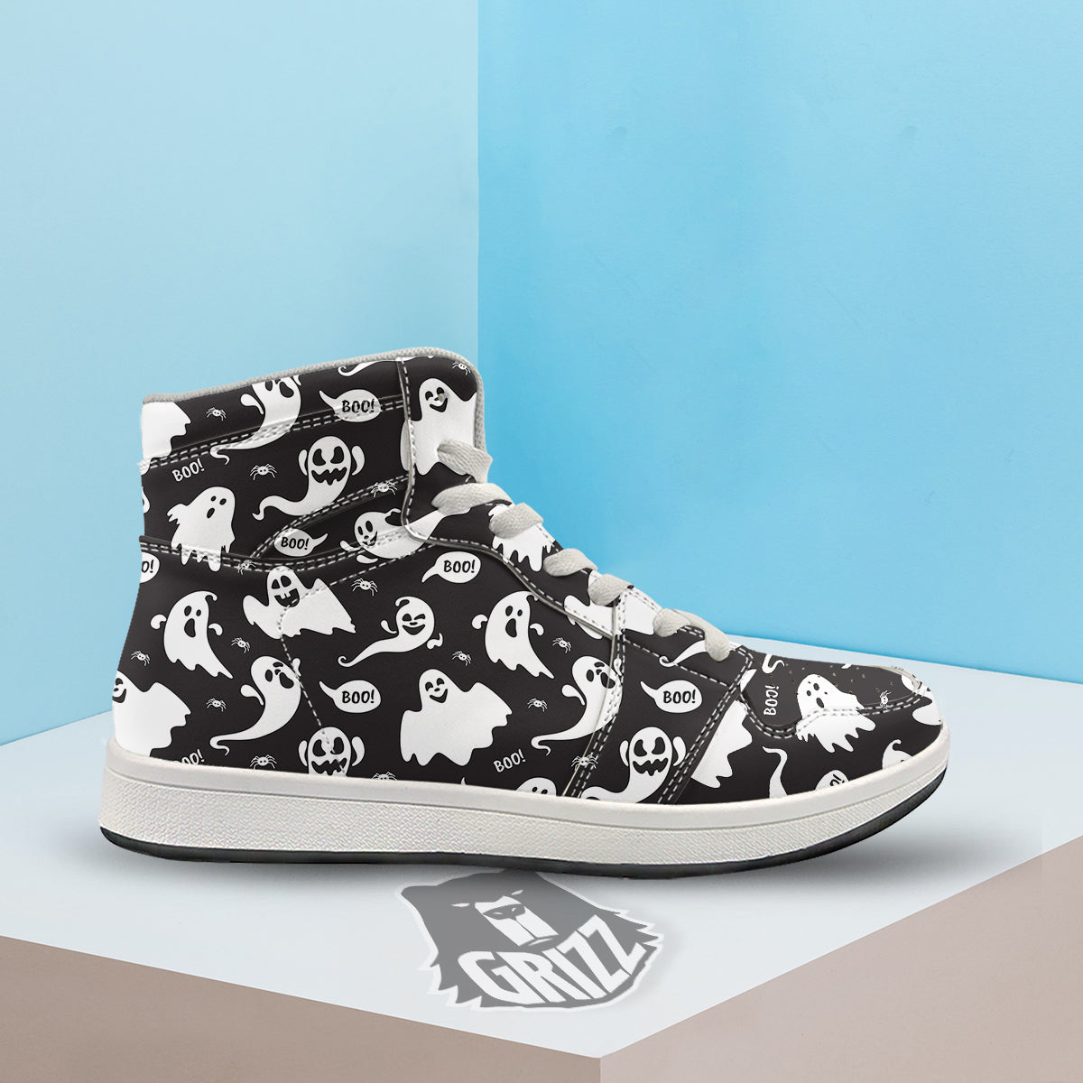 White Ghost Print Pattern High Top Sneakers-grizzshop