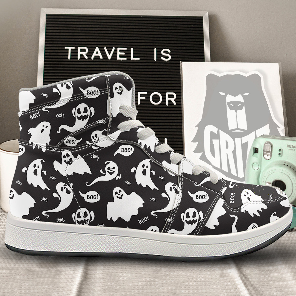 White Ghost Print Pattern High Top Sneakers-grizzshop