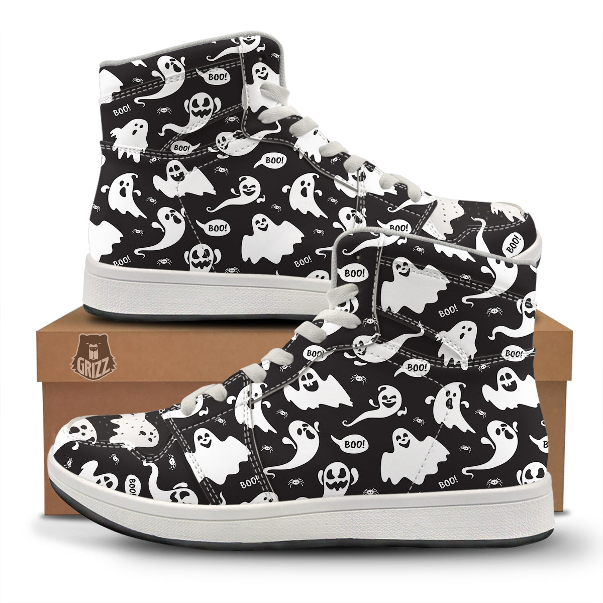 White Ghost Print Pattern High Top Sneakers-grizzshop