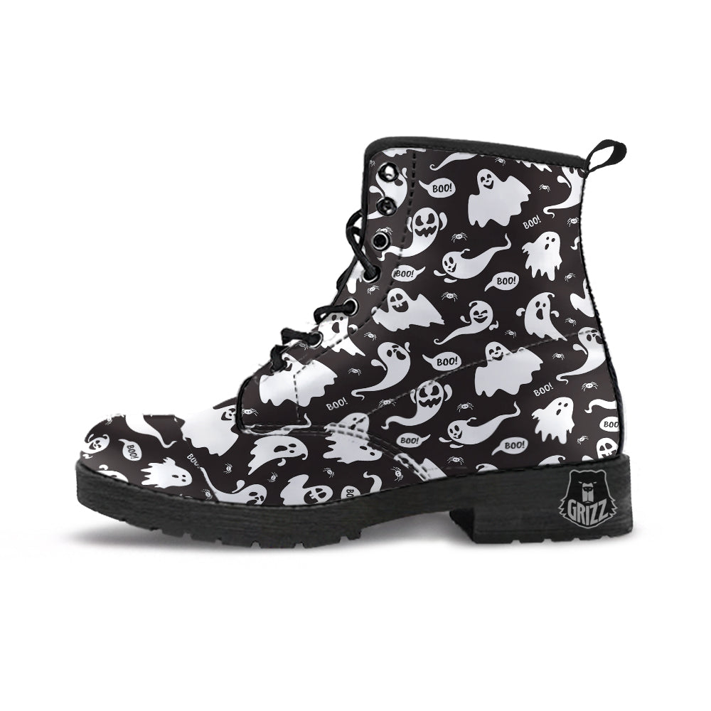 White Ghost Print Pattern Leather Boots-grizzshop