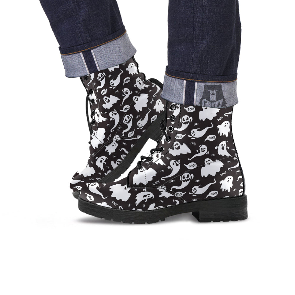 White Ghost Print Pattern Leather Boots-grizzshop