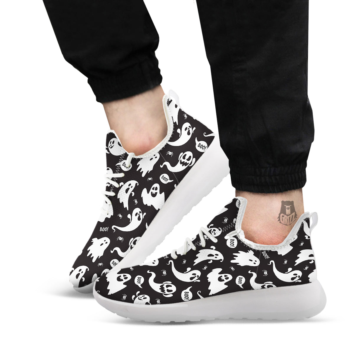 White Ghost Print Pattern White Athletic Shoes-grizzshop