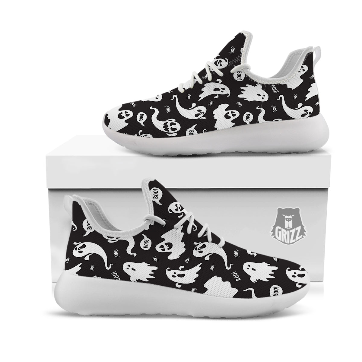 White Ghost Print Pattern White Athletic Shoes-grizzshop