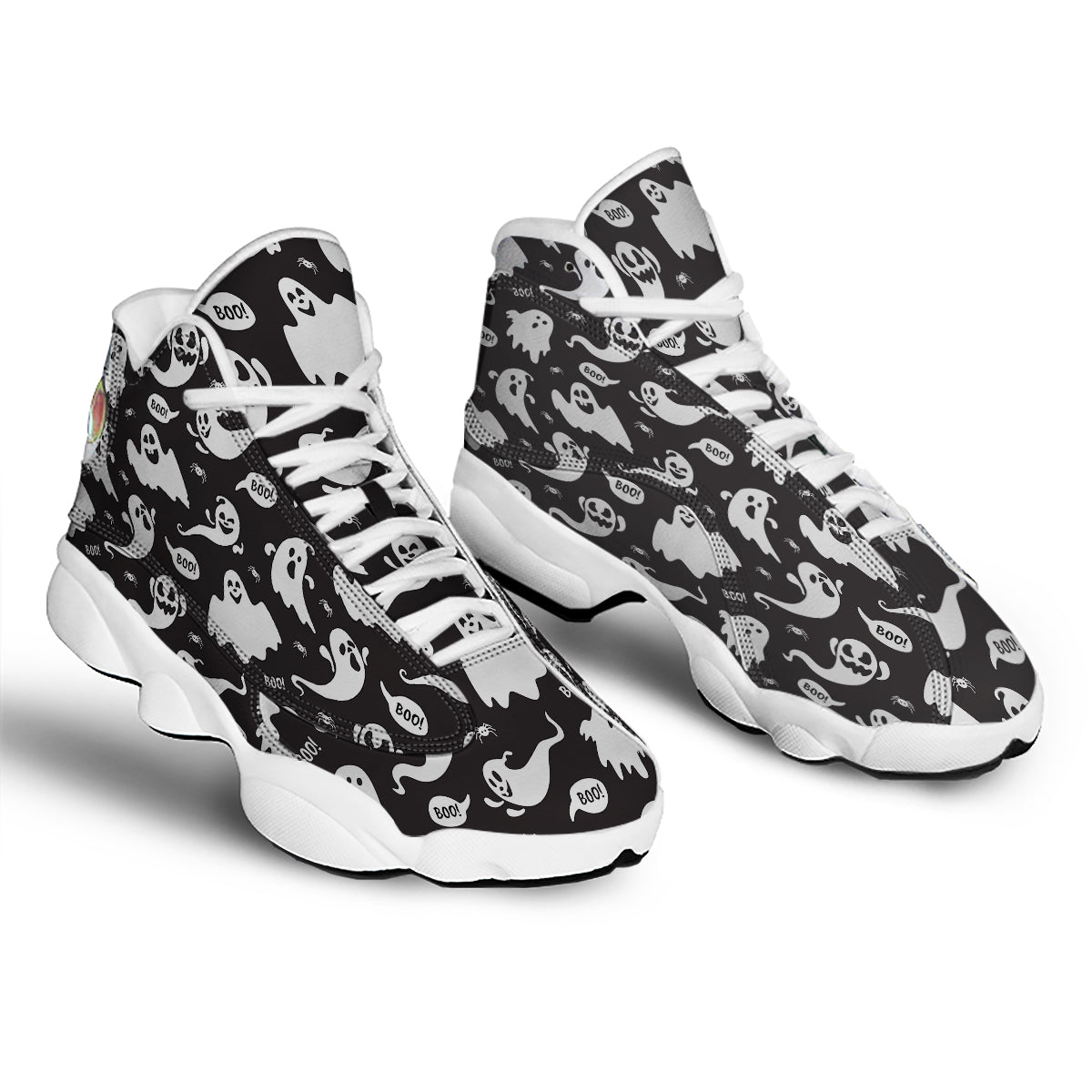 White Ghost Print Pattern White Basketball Shoes-grizzshop
