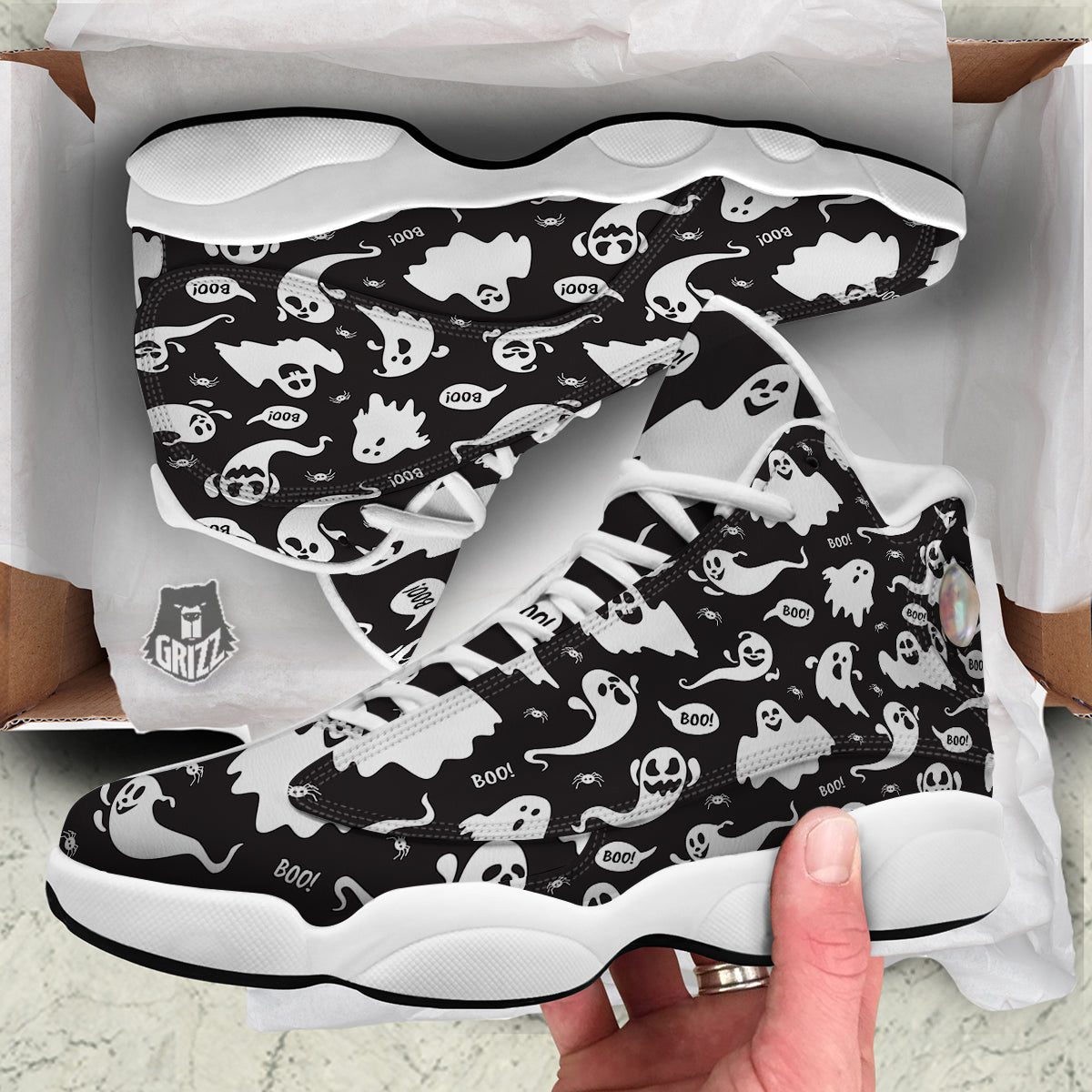 White Ghost Print Pattern White Basketball Shoes-grizzshop