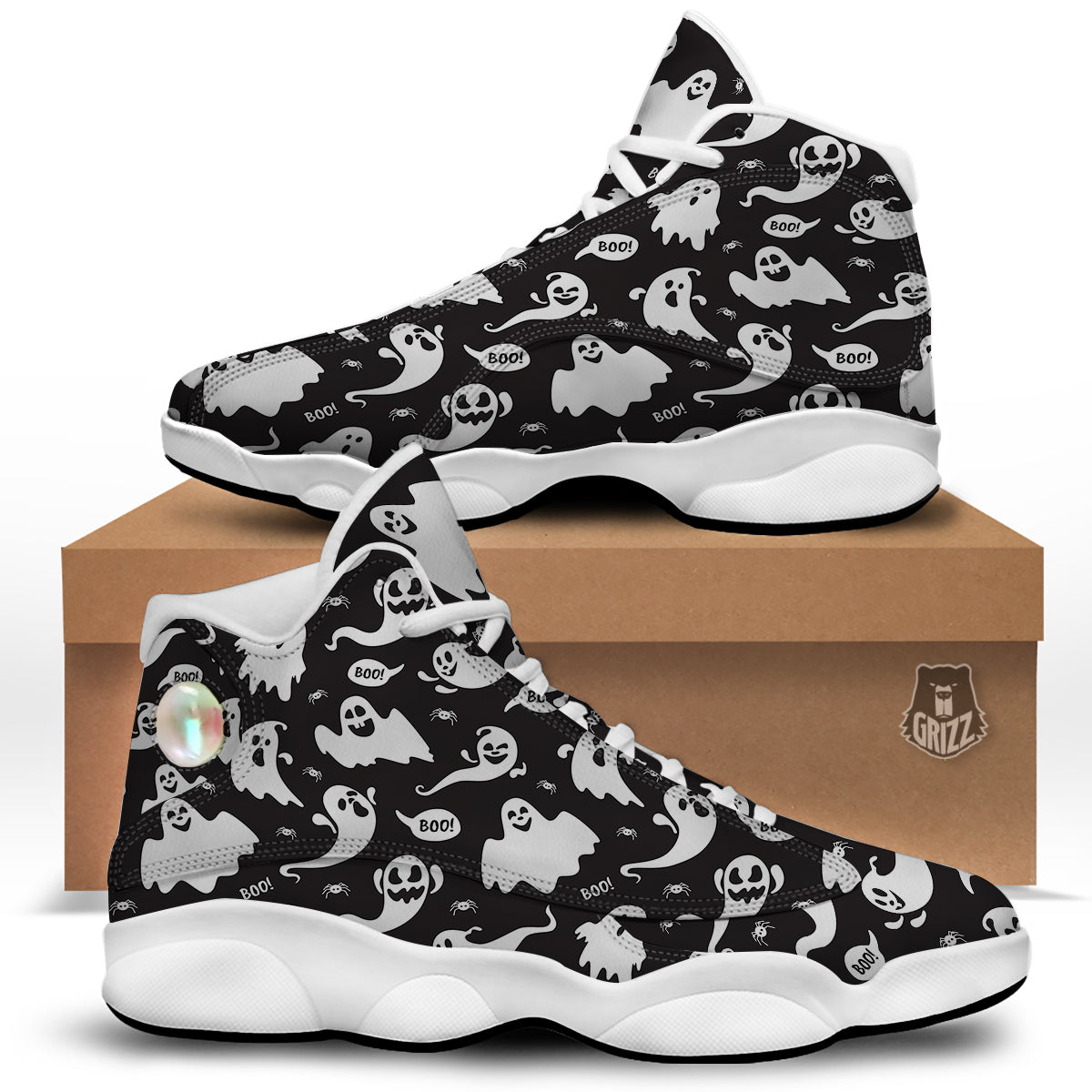 White Ghost Print Pattern White Basketball Shoes-grizzshop