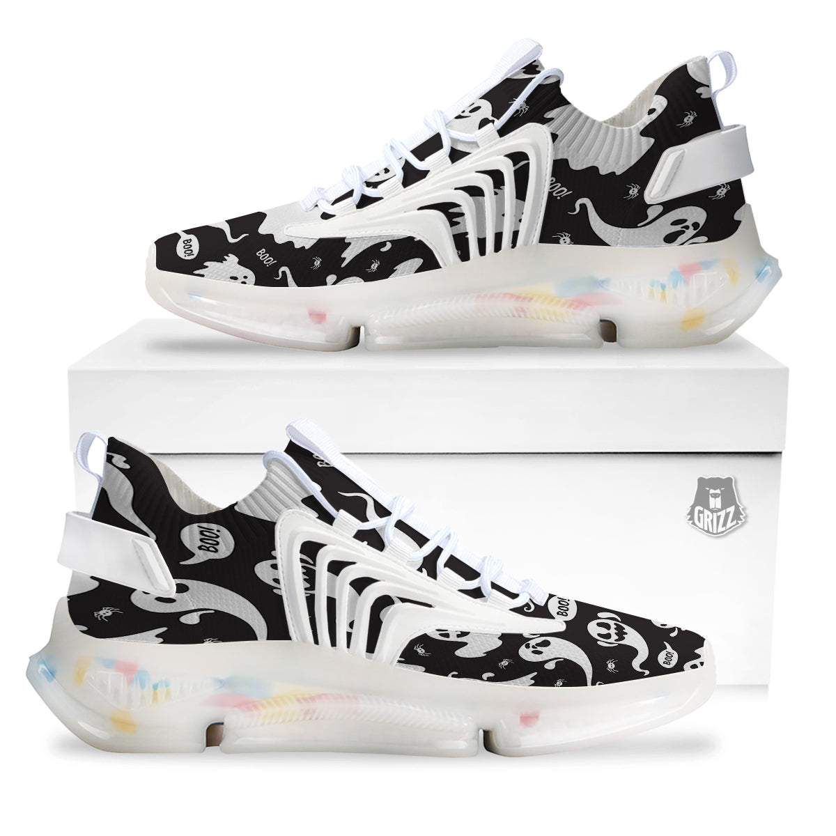White Ghost Print Pattern White Gym Shoes-grizzshop