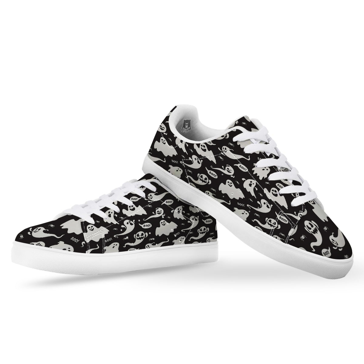 White Ghost Print Pattern White Low Top Sneakers-grizzshop