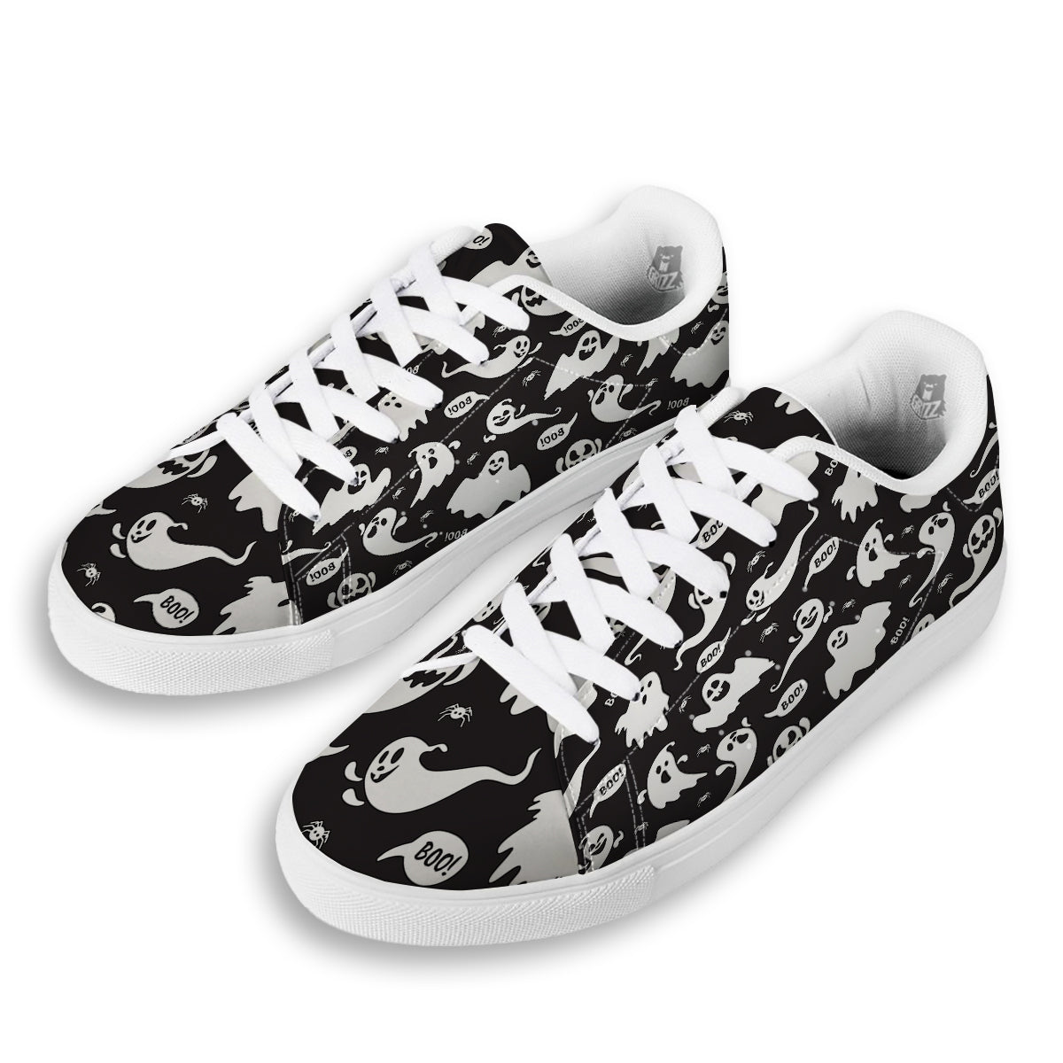 White Ghost Print Pattern White Low Top Sneakers-grizzshop
