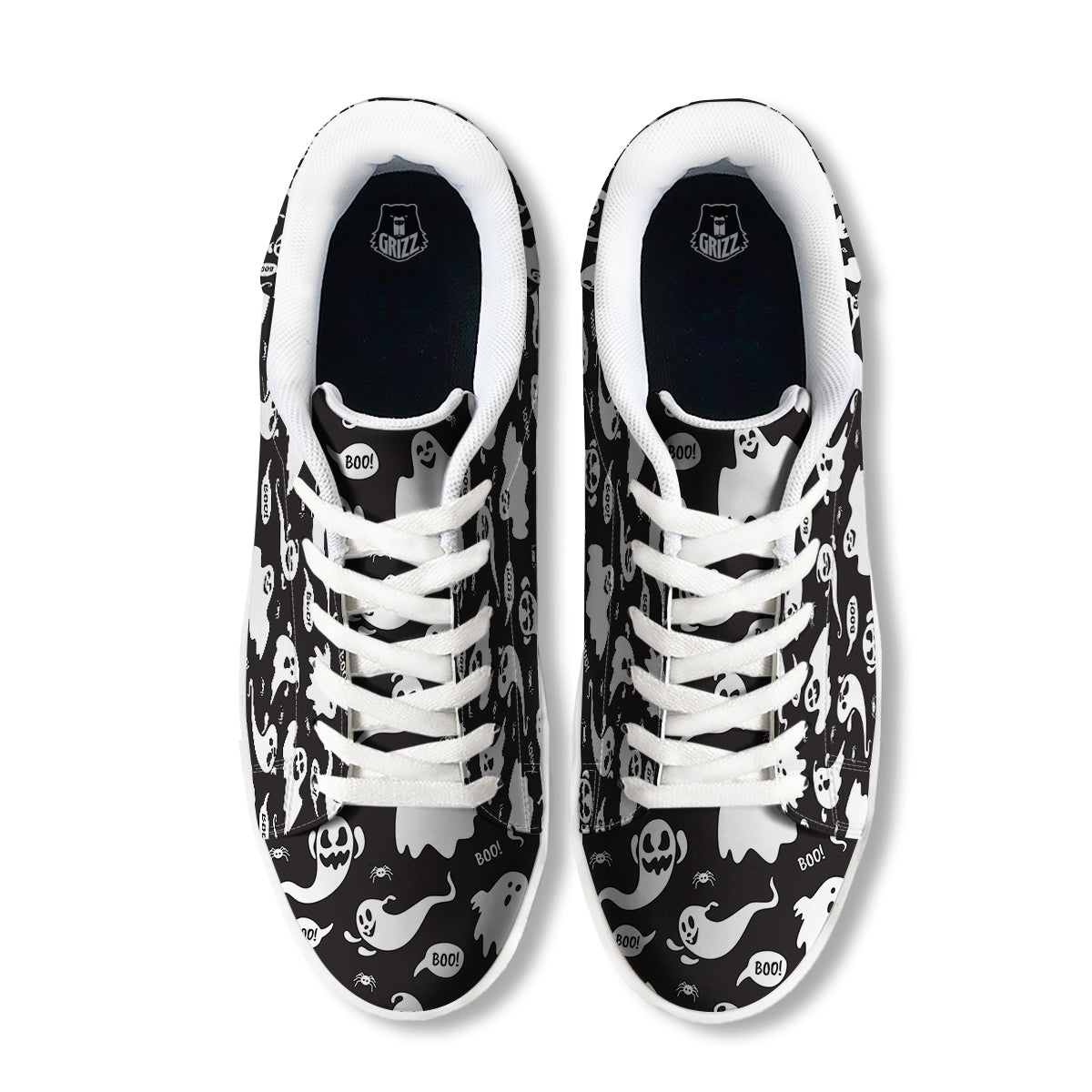 White Ghost Print Pattern White Low Top Sneakers-grizzshop