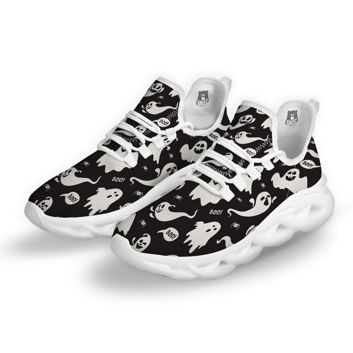 White Ghost Print Pattern White Running Shoes-grizzshop