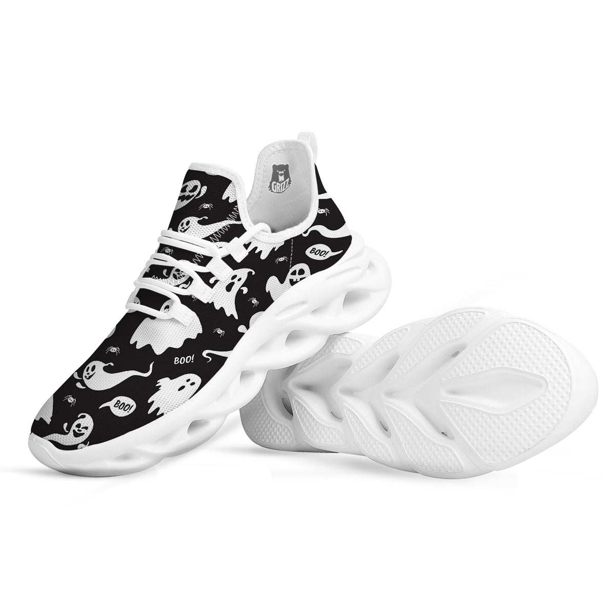White Ghost Print Pattern White Running Shoes-grizzshop