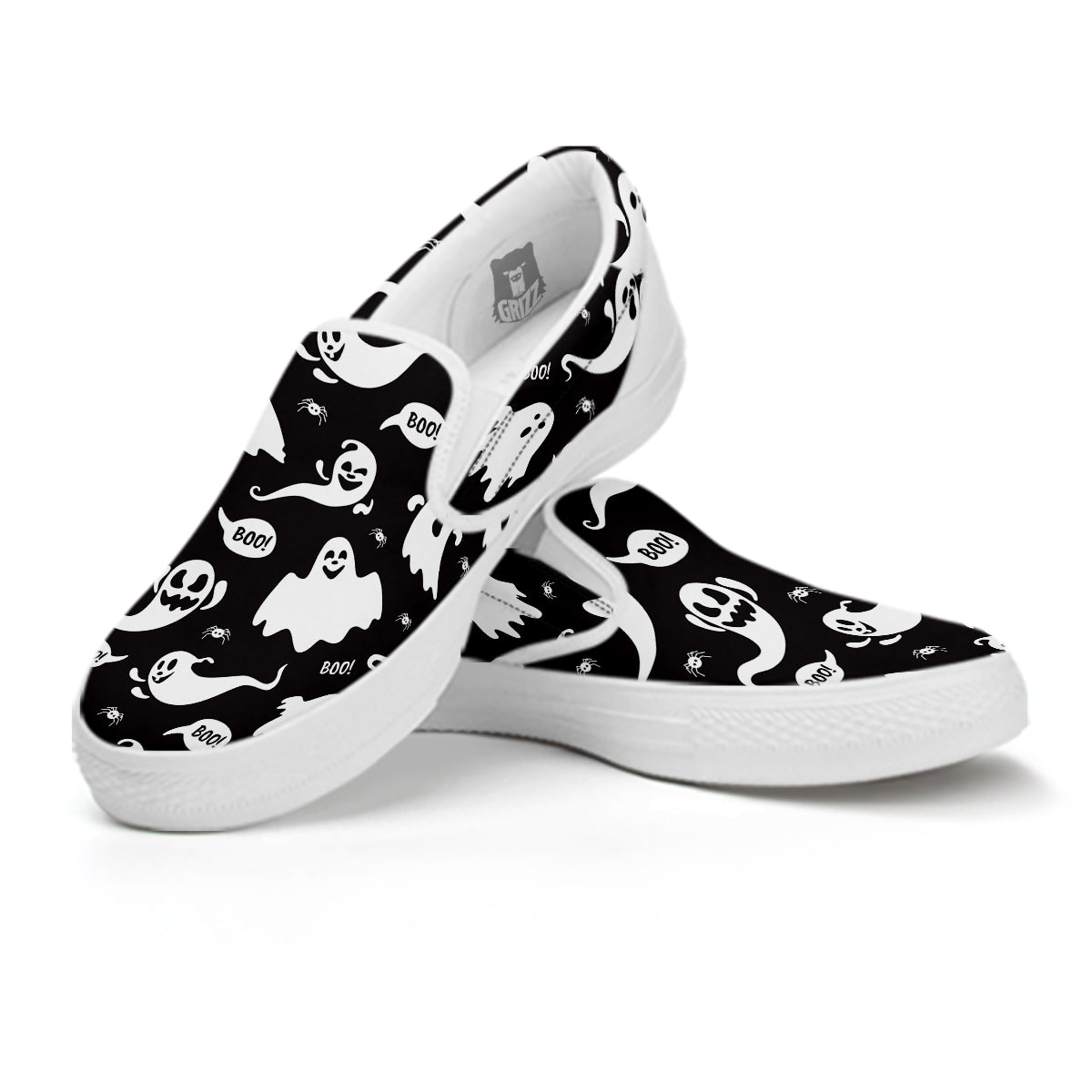 White Ghost Print Pattern White Slip On Shoes-grizzshop