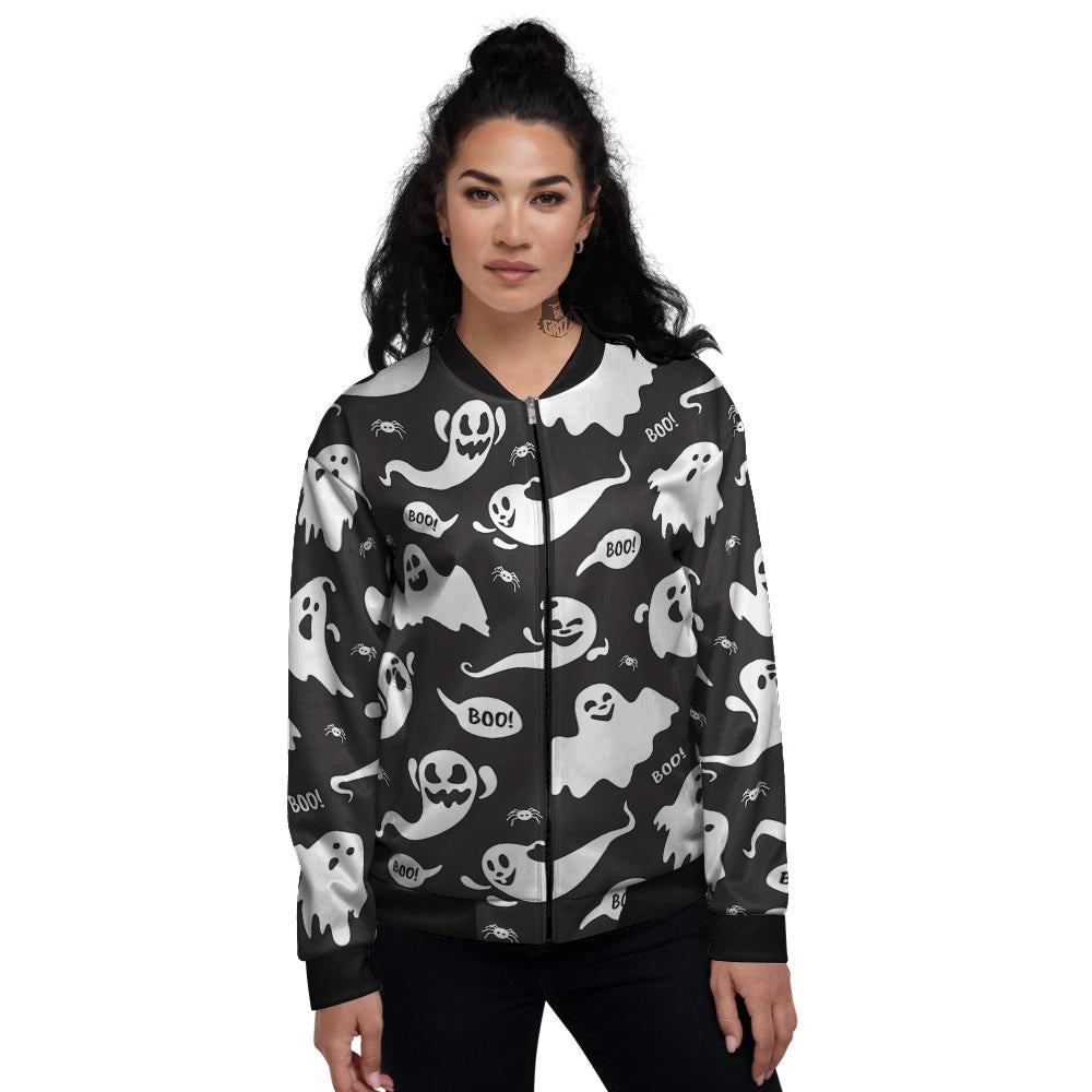 White Ghost Print Pattern Women's Bomber Jacket-grizzshop