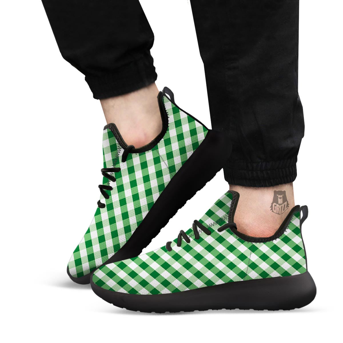 White Gingham And Green Shamrock Print Pattern Black Athletic Shoes-grizzshop