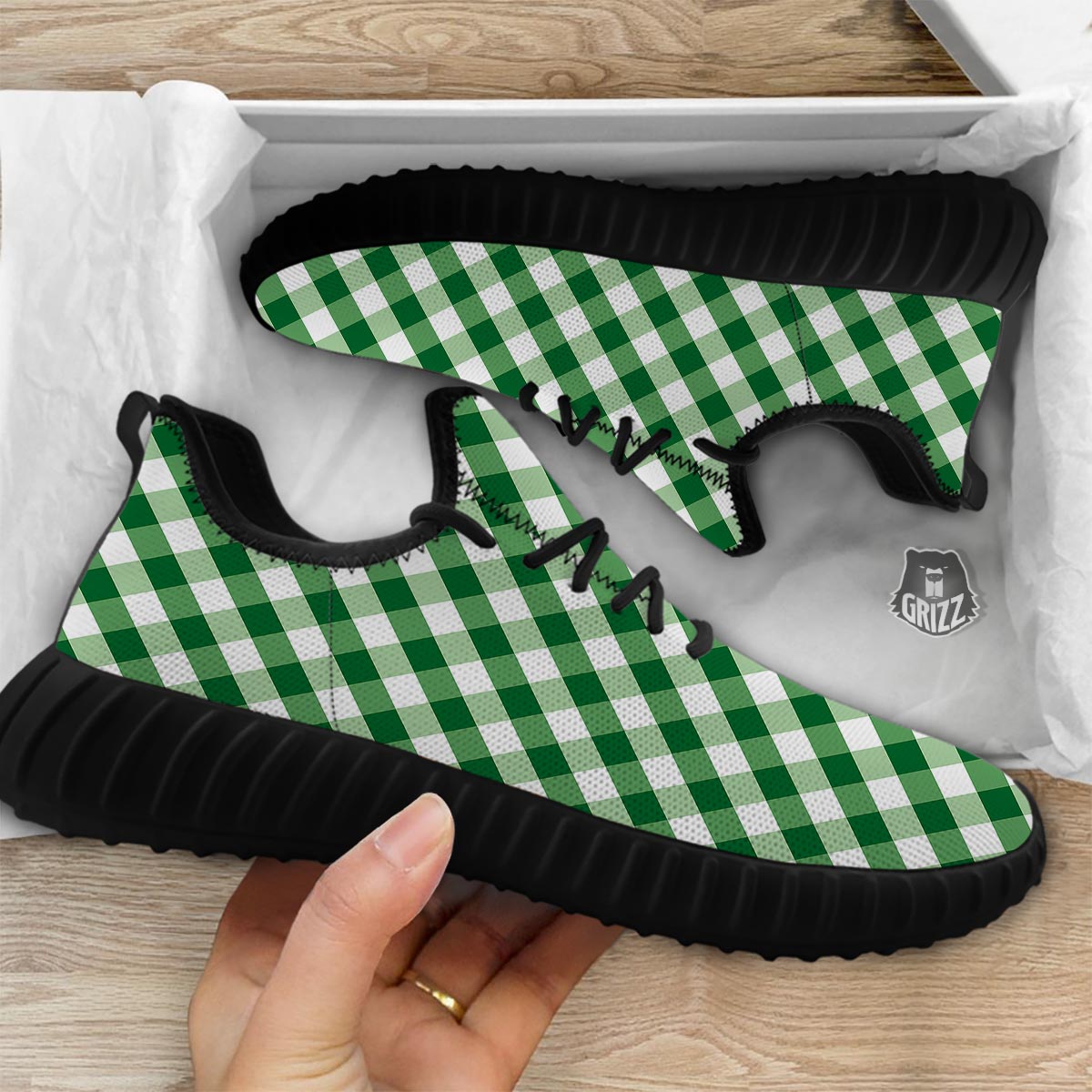 White Gingham And Green Shamrock Print Pattern Black Walking Shoes-grizzshop
