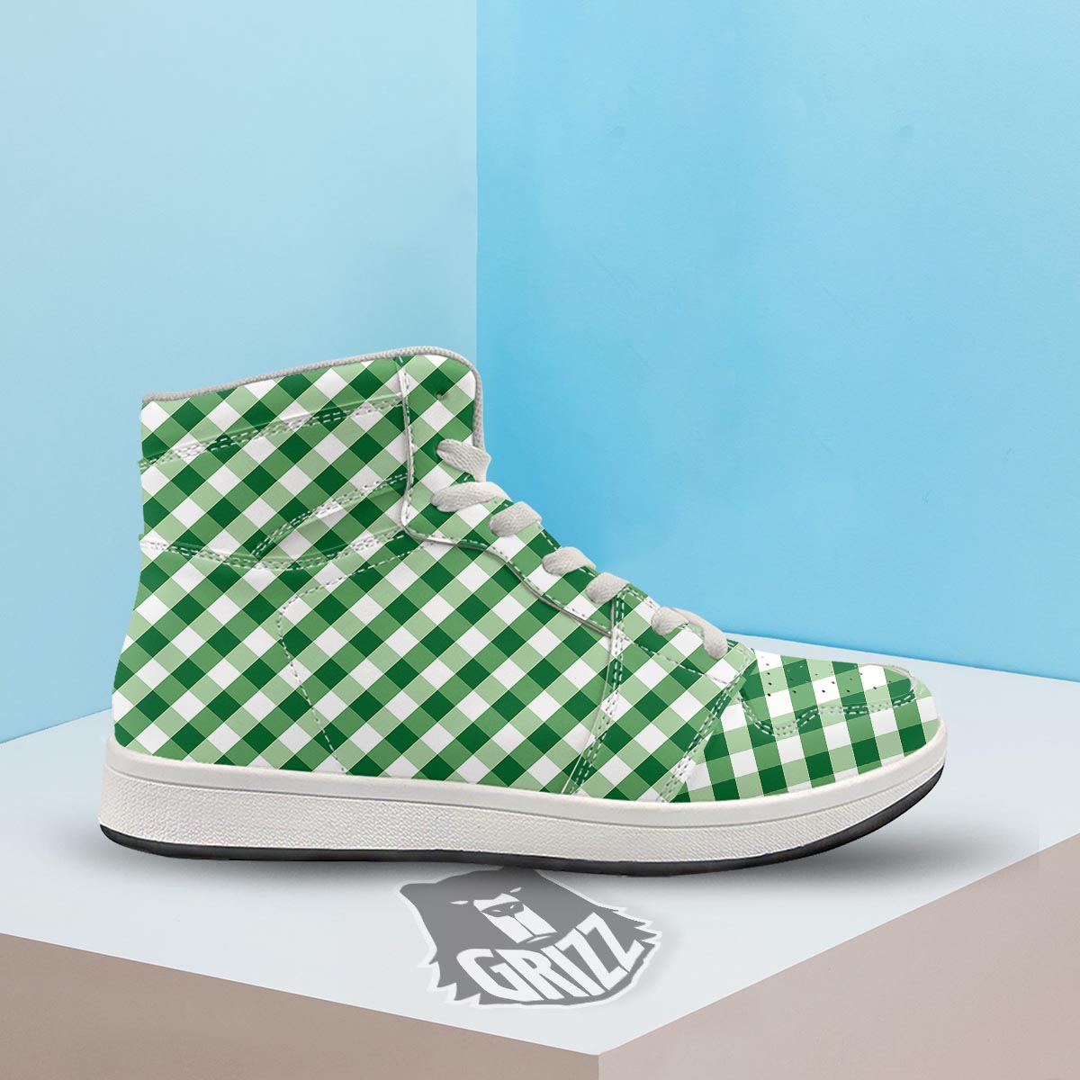White Gingham And Green Shamrock Print Pattern High Top Sneakers-grizzshop