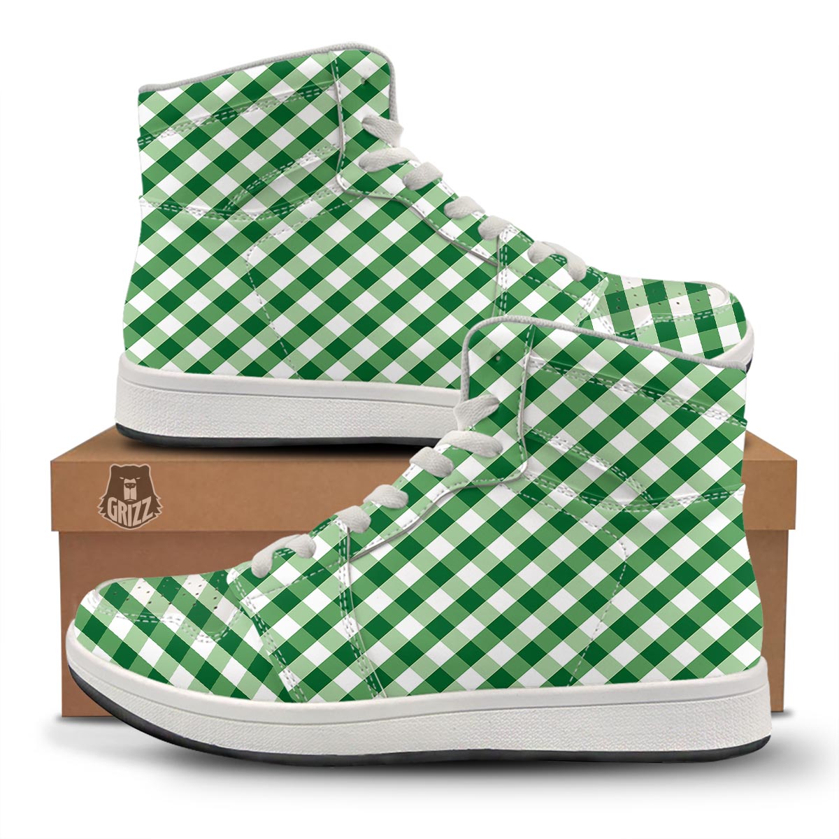 White Gingham And Green Shamrock Print Pattern High Top Sneakers-grizzshop