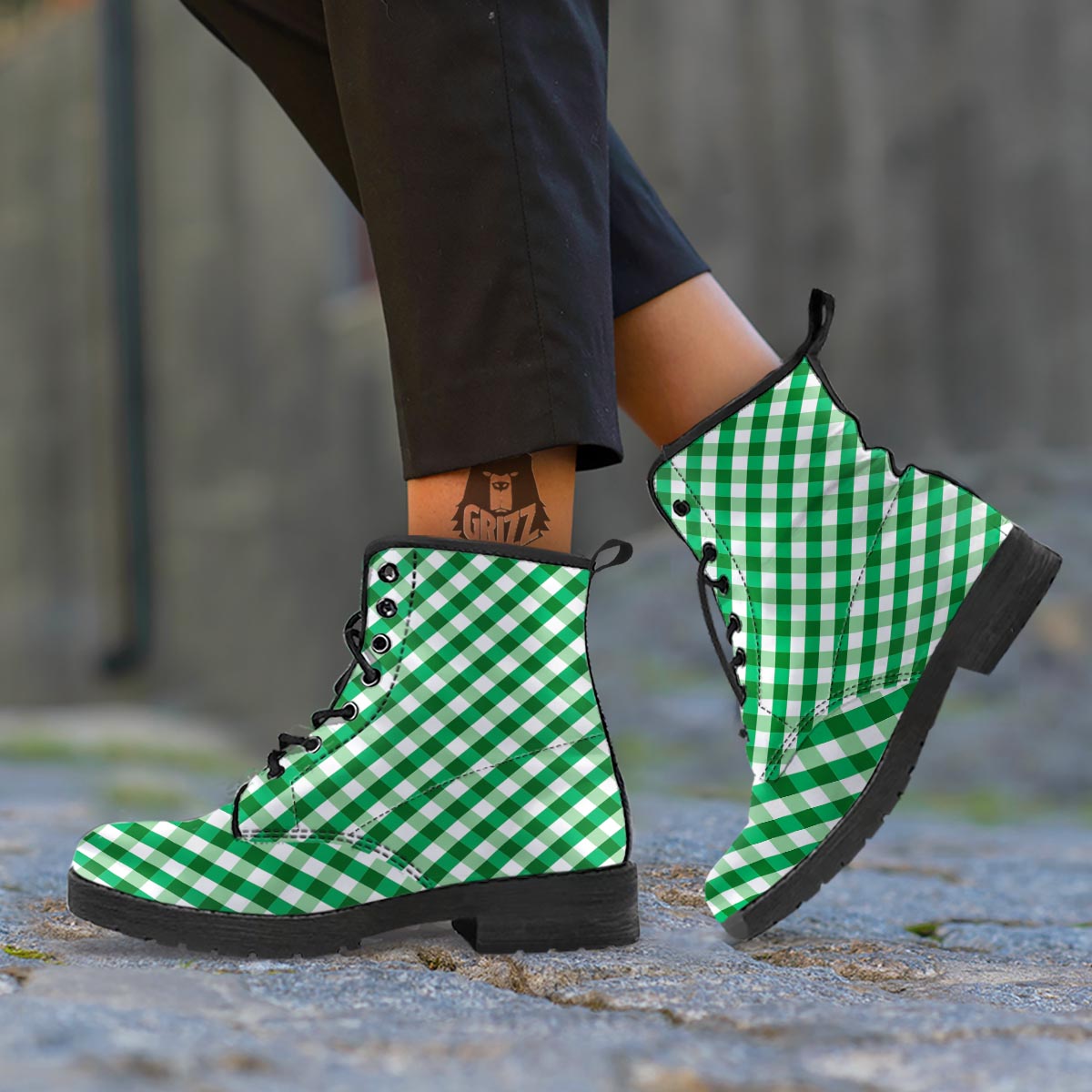 White Gingham And Green Shamrock Print Pattern Leather Boots-grizzshop