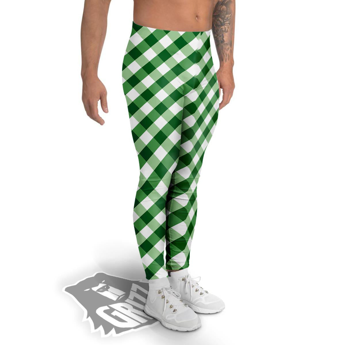 White Gingham And Green Shamrock Print Pattern Men's Leggings-grizzshop