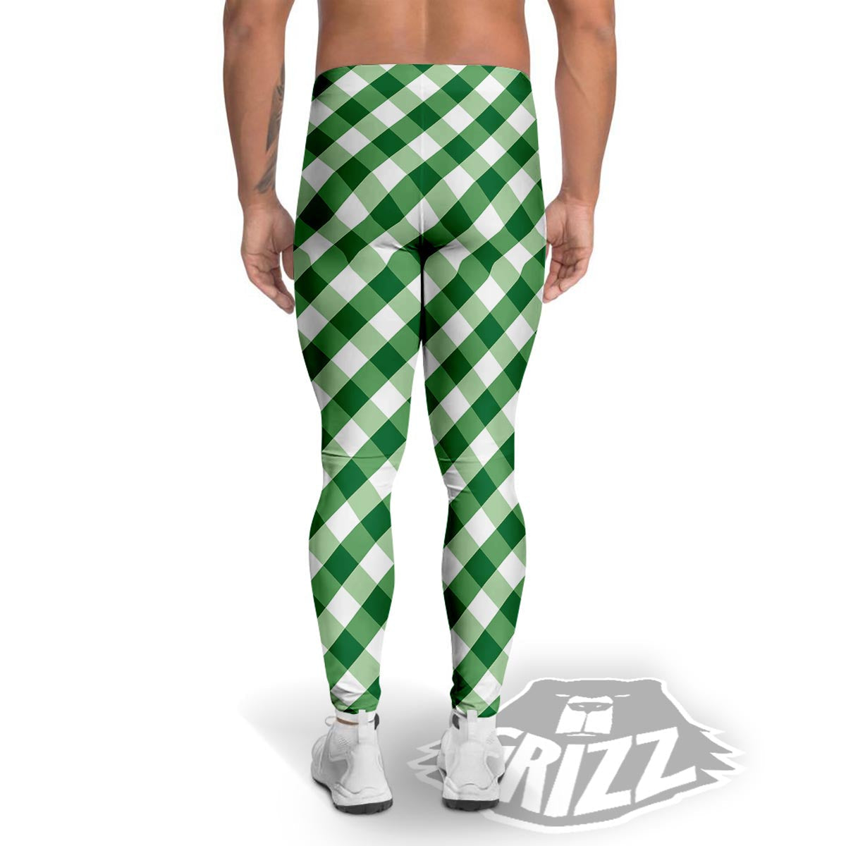 White Gingham And Green Shamrock Print Pattern Men's Leggings-grizzshop