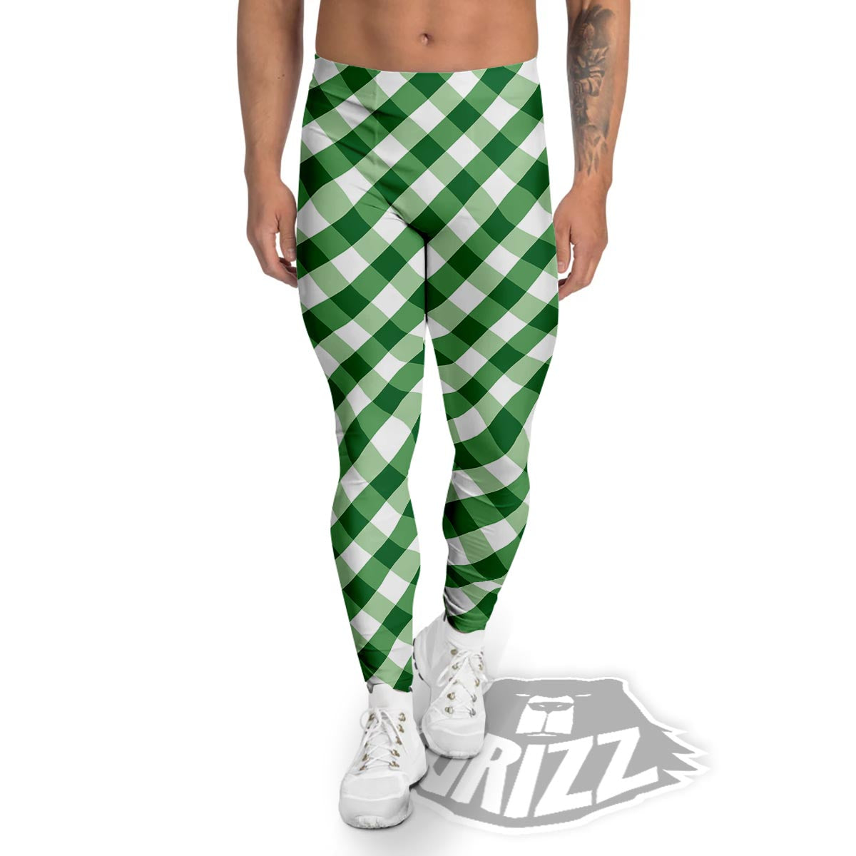 White Gingham And Green Shamrock Print Pattern Men's Leggings-grizzshop