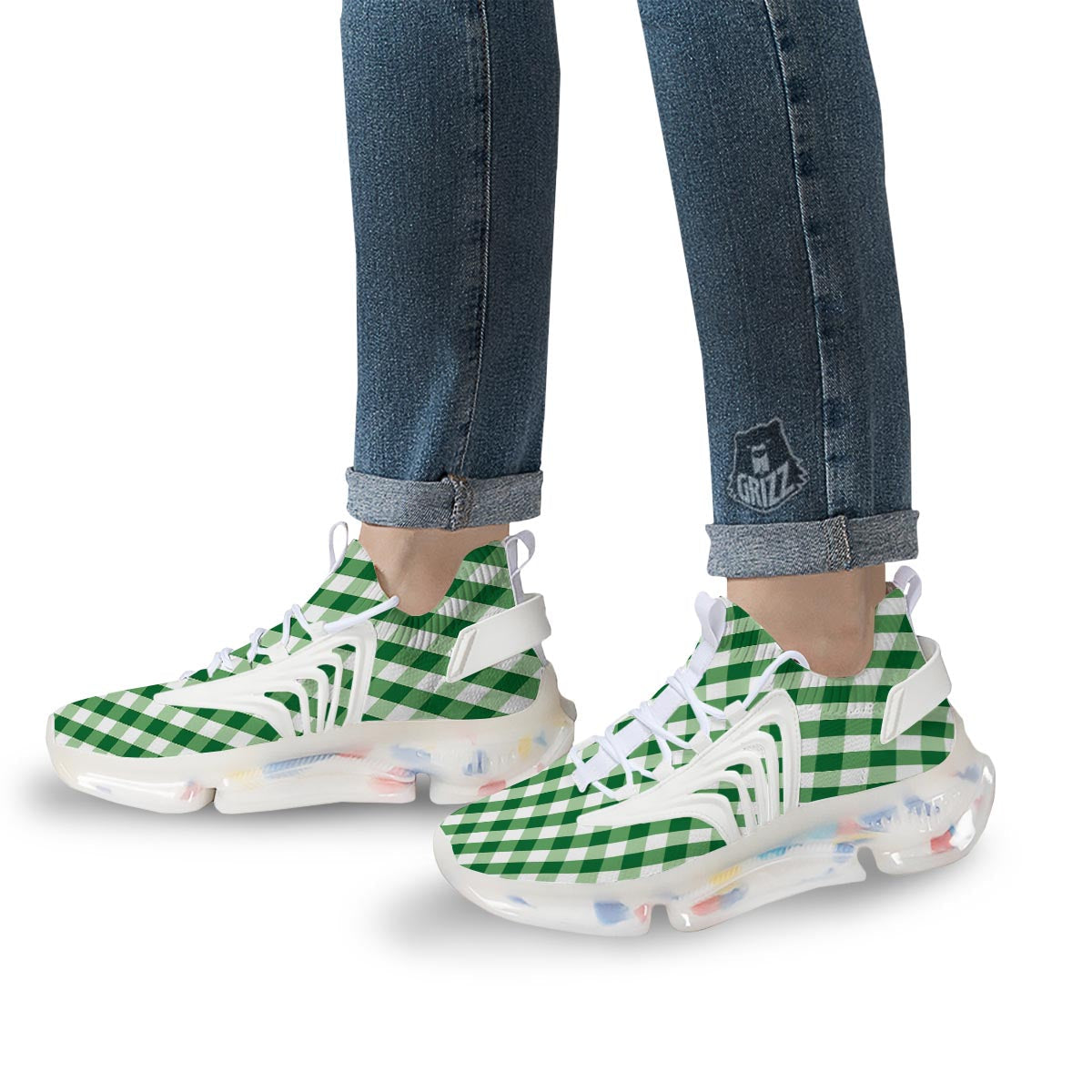 White Gingham And Green Shamrock Print Pattern White Gym Shoes-grizzshop