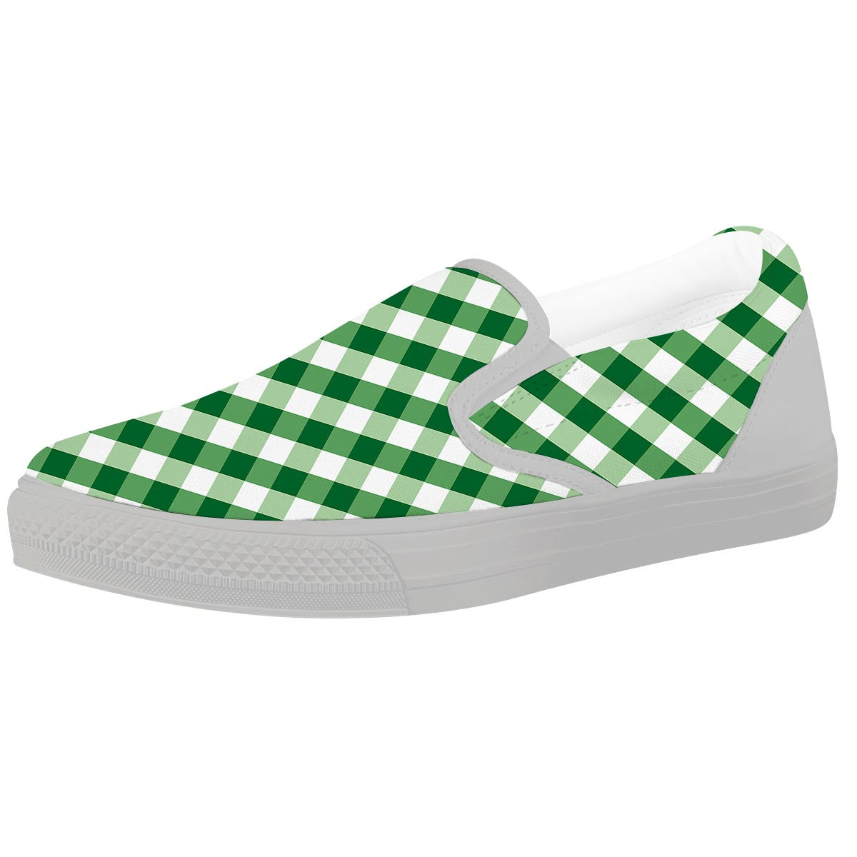 White Gingham And Green Shamrock Print Pattern White Slip On Shoes-grizzshop