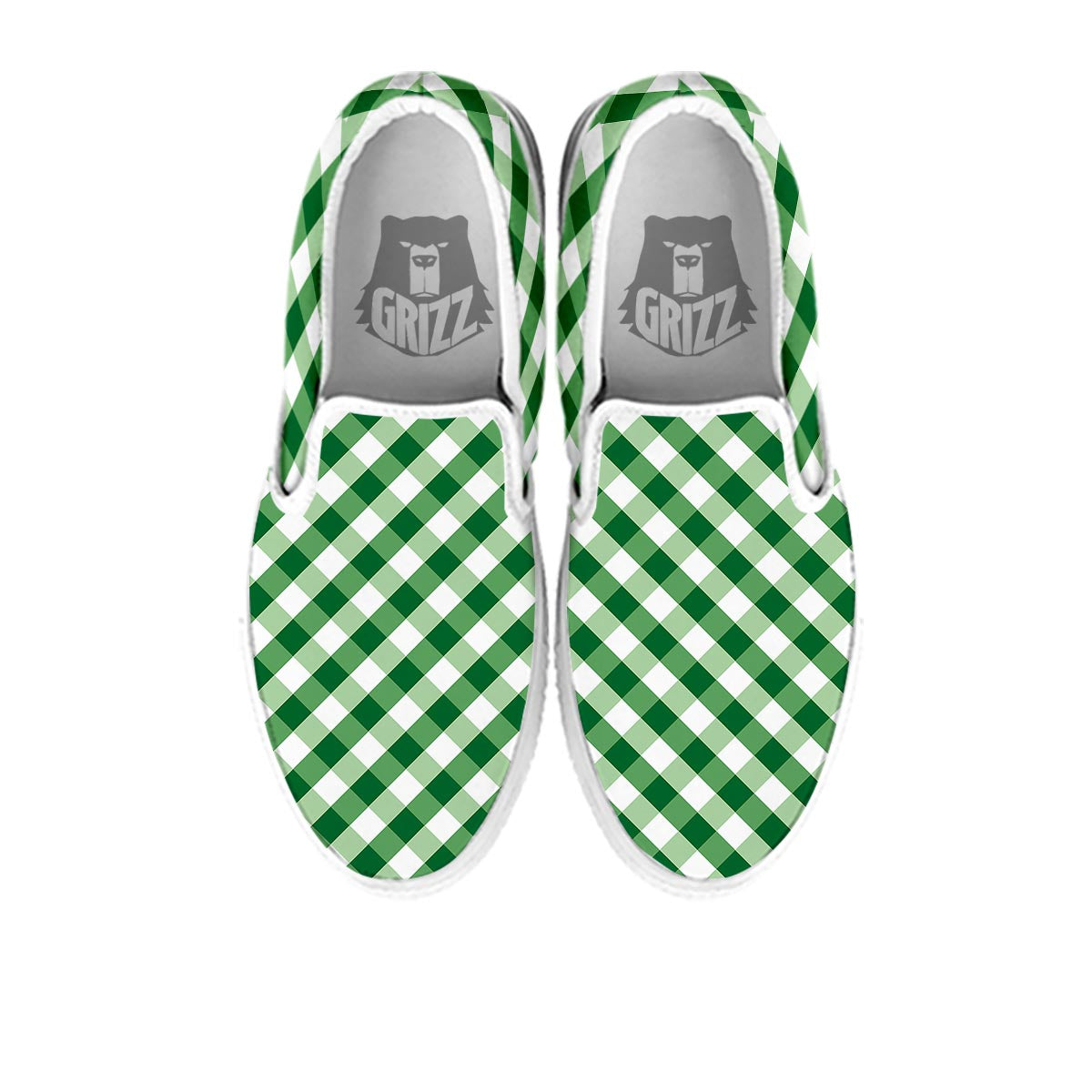White Gingham And Green Shamrock Print Pattern White Slip On Shoes-grizzshop