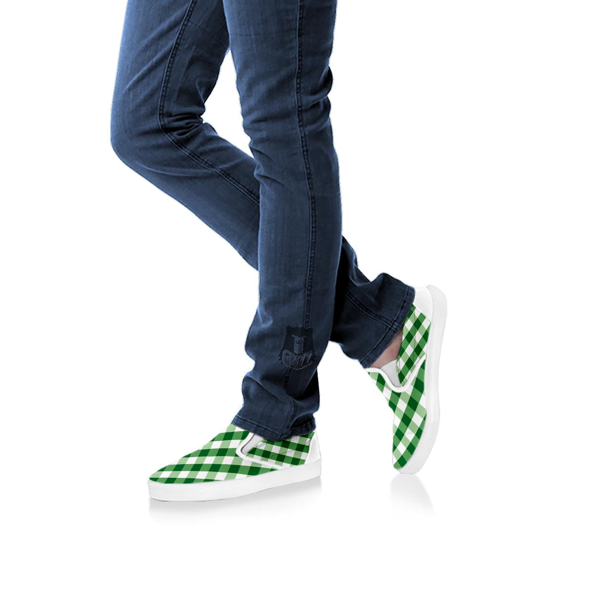 White Gingham And Green Shamrock Print Pattern White Slip On Shoes-grizzshop