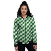 White Gingham And Green Shamrock Print Pattern Women's Bomber Jacket-grizzshop