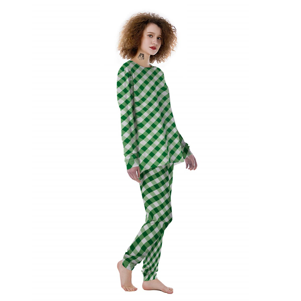White Gingham And Green Shamrock Print Pattern Women's Pajamas-grizzshop