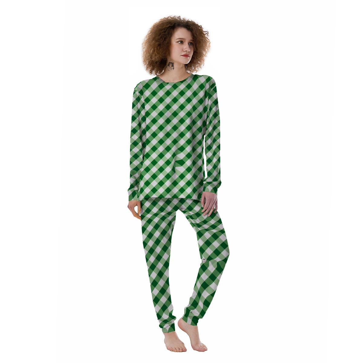 White Gingham And Green Shamrock Print Pattern Women's Pajamas-grizzshop