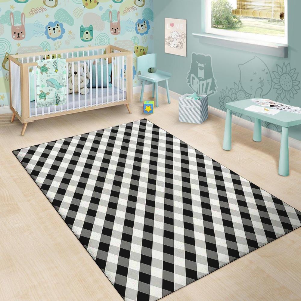 White Gingham And Grey Shadow Print Pattern Floor Mat-grizzshop