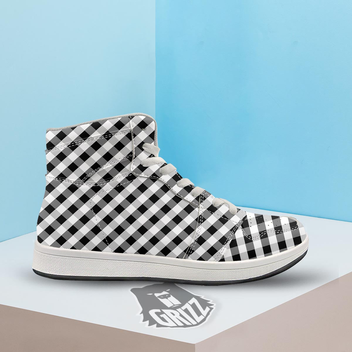 White Gingham And Grey Shadow Print Pattern High Top Sneakers-grizzshop