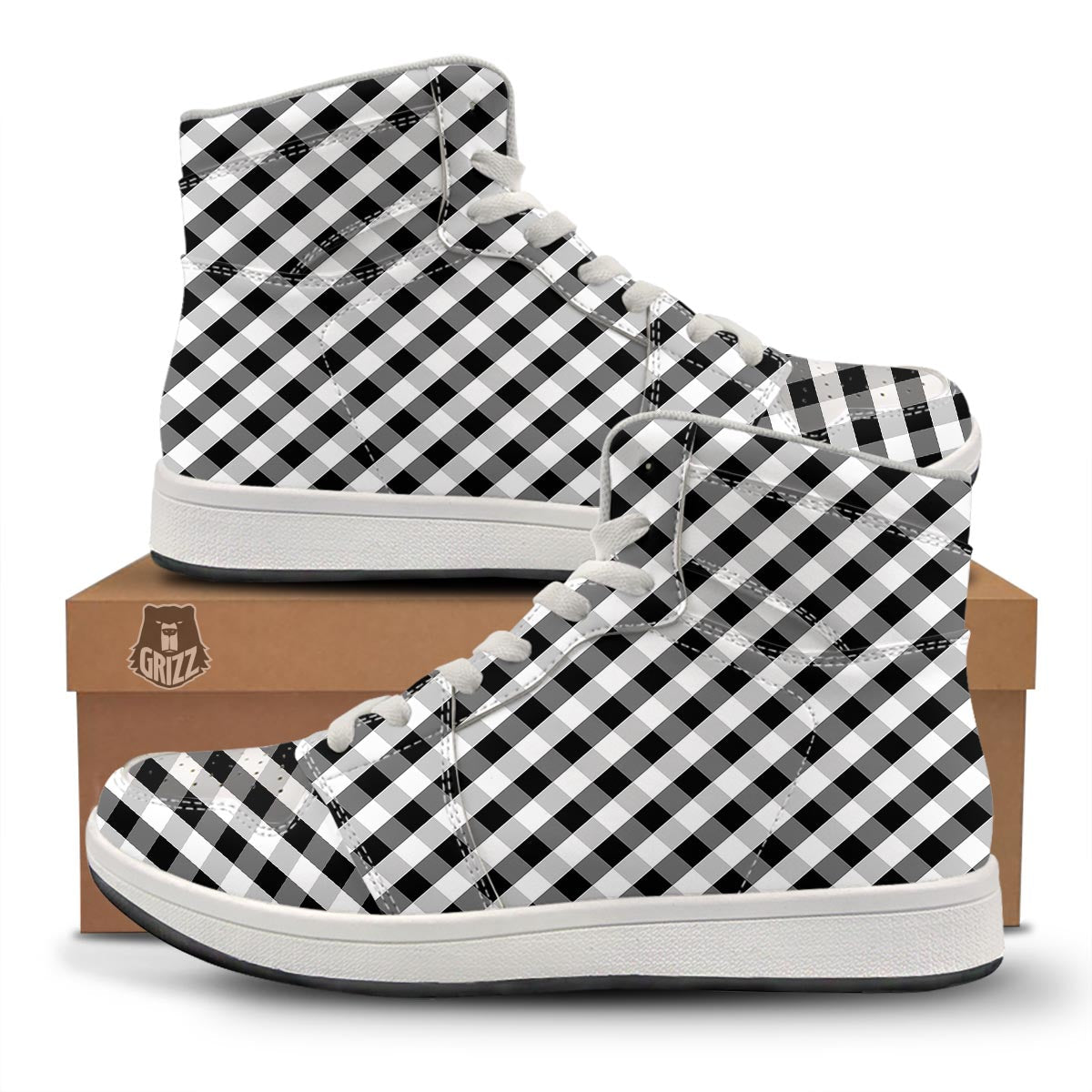 White Gingham And Grey Shadow Print Pattern High Top Sneakers-grizzshop