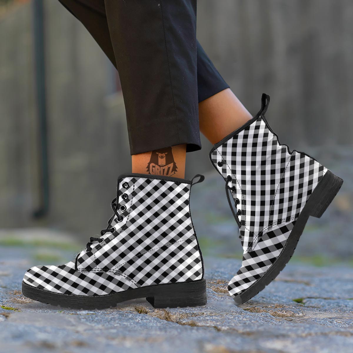 White Gingham And Grey Shadow Print Pattern Leather Boots-grizzshop