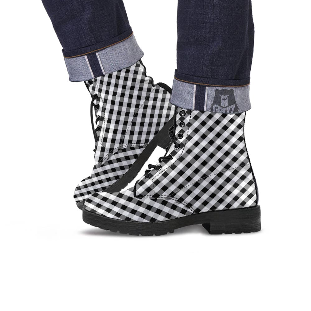 White Gingham And Grey Shadow Print Pattern Leather Boots-grizzshop
