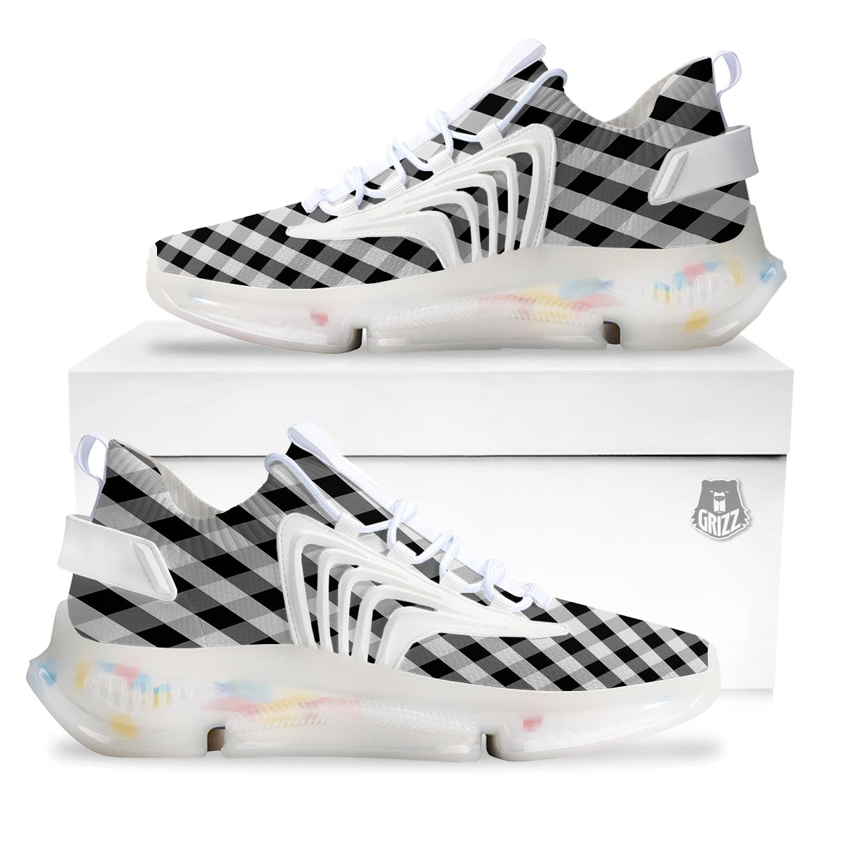 White Gingham And Grey Shadow Print Pattern White Gym Shoes-grizzshop