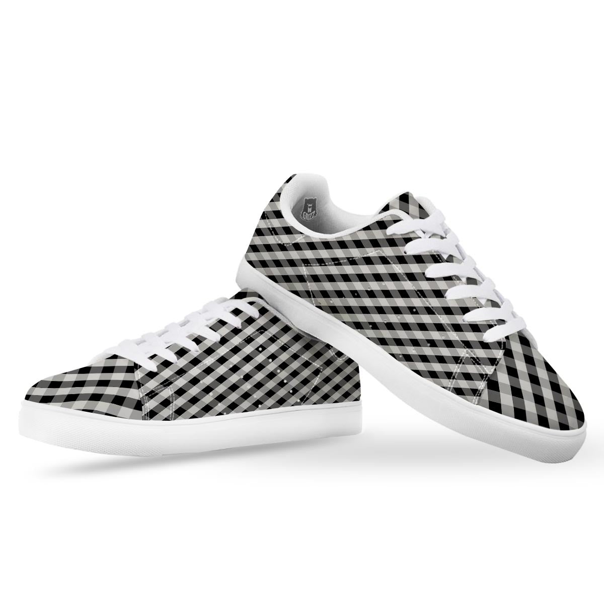 White Gingham And Grey Shadow Print Pattern White Low Top Sneakers-grizzshop
