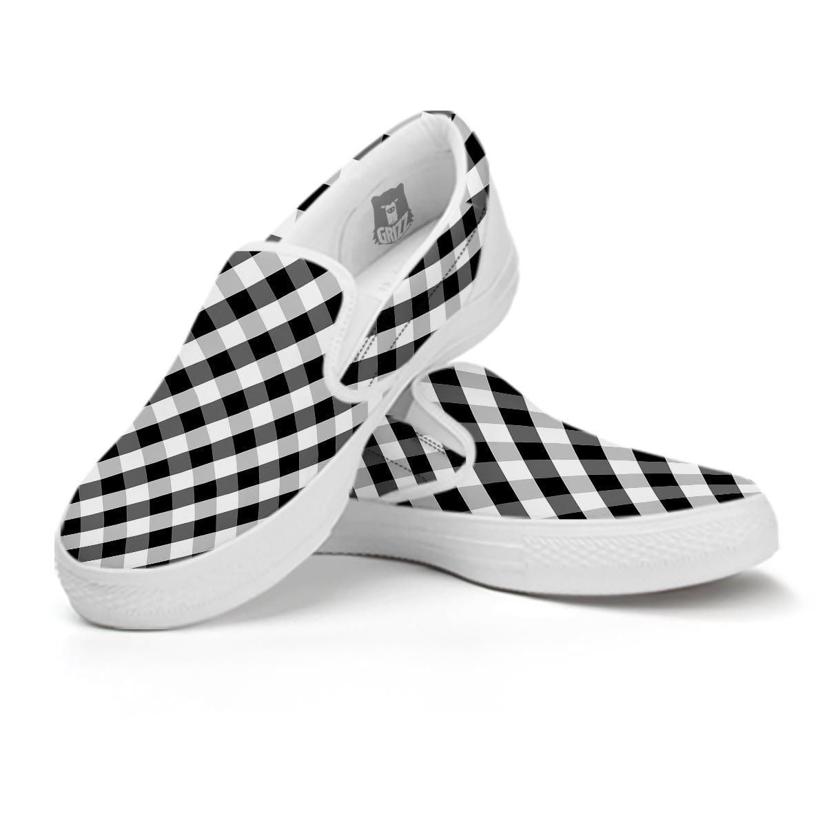 White Gingham And Grey Shadow Print Pattern White Slip On Shoes-grizzshop