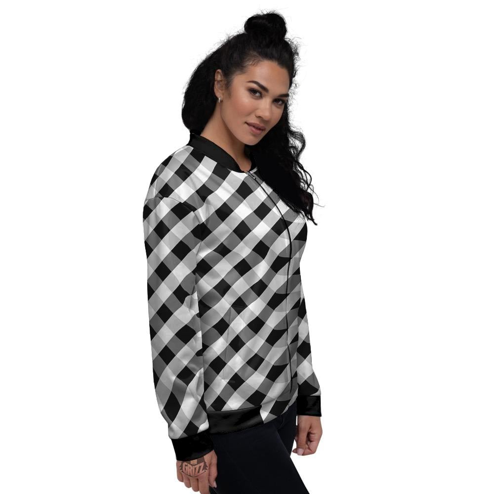 White Gingham And Grey Shadow Print Pattern Women's Bomber Jacket-grizzshop