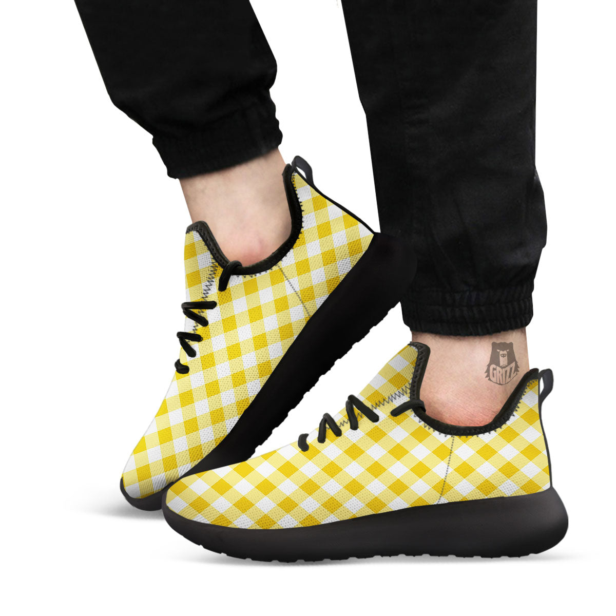 White Gingham And Yellow Honey Print Black Athletic Shoes-grizzshop