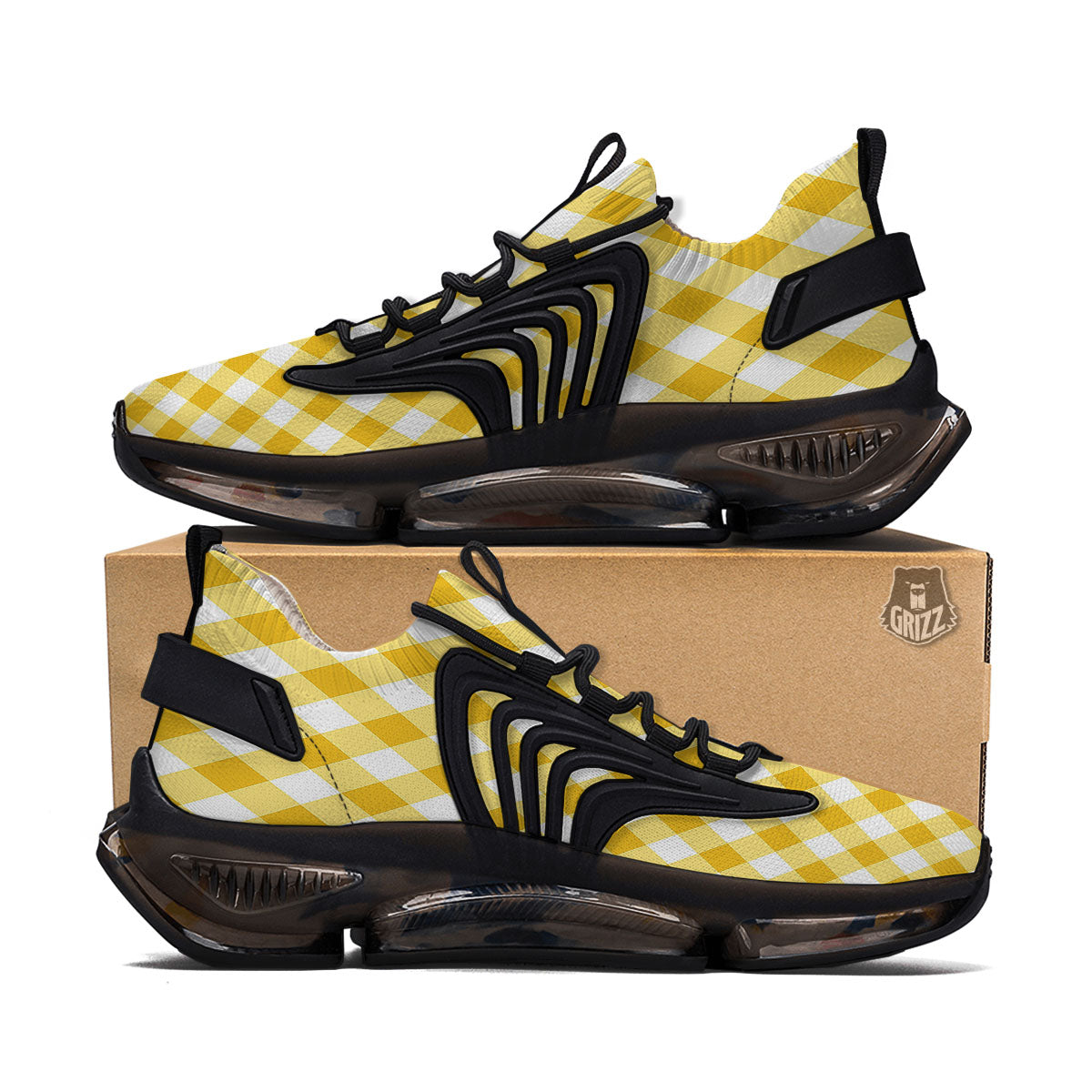 White Gingham And Yellow Honey Print Black Gym Shoes-grizzshop