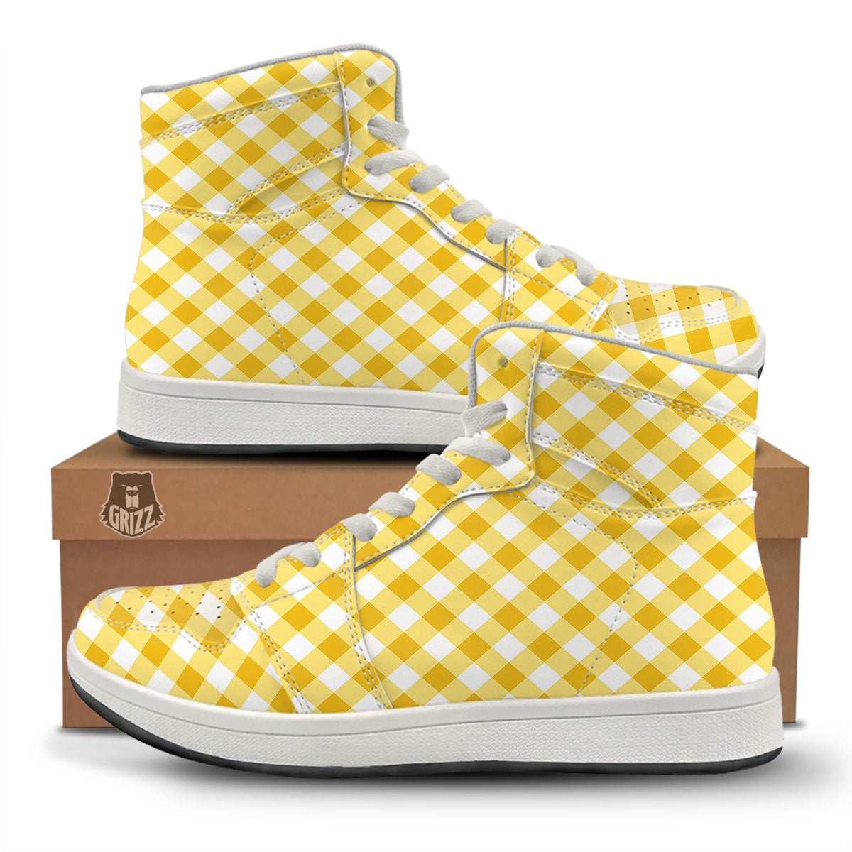 White Gingham And Yellow Honey Print High Top Sneakers-grizzshop