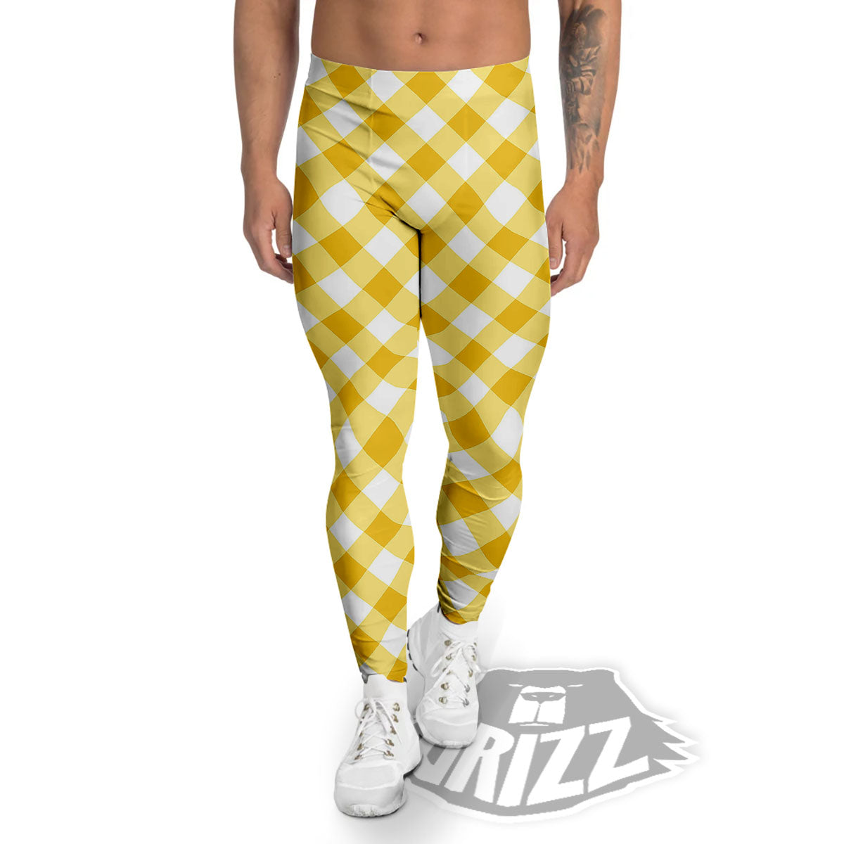 White Gingham And Yellow Honey Print Men's Leggings-grizzshop