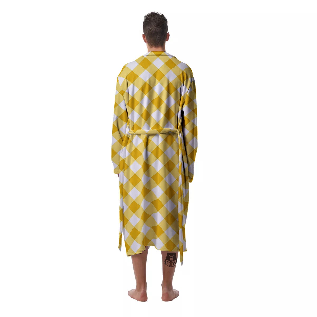 White Gingham And Yellow Honey Print Men's Robe-grizzshop