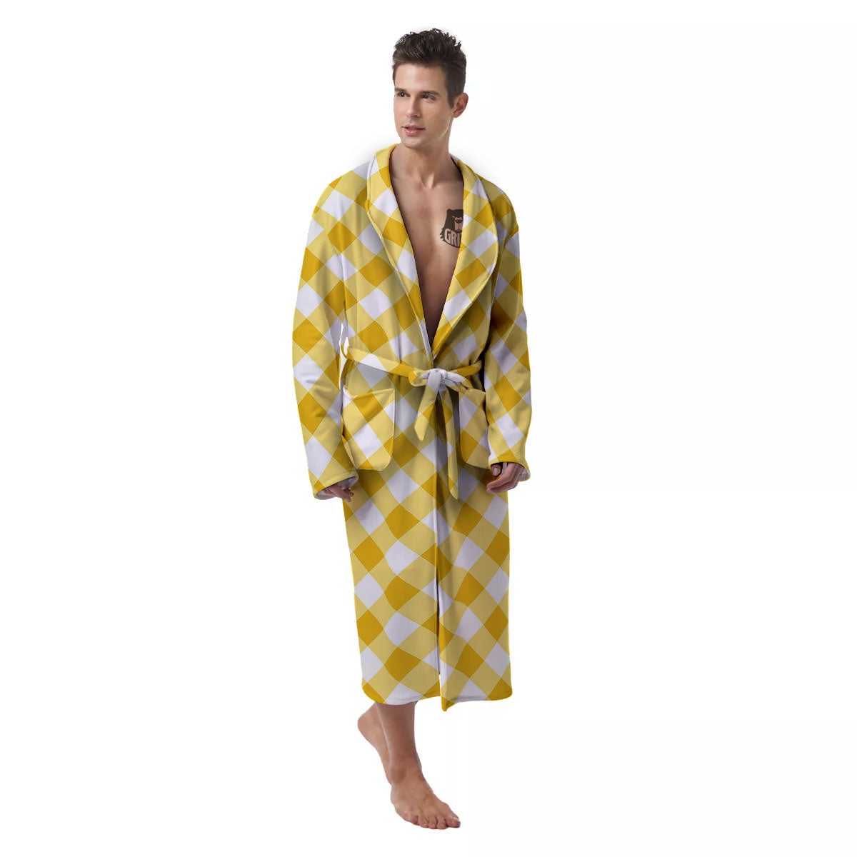 White Gingham And Yellow Honey Print Men's Robe-grizzshop