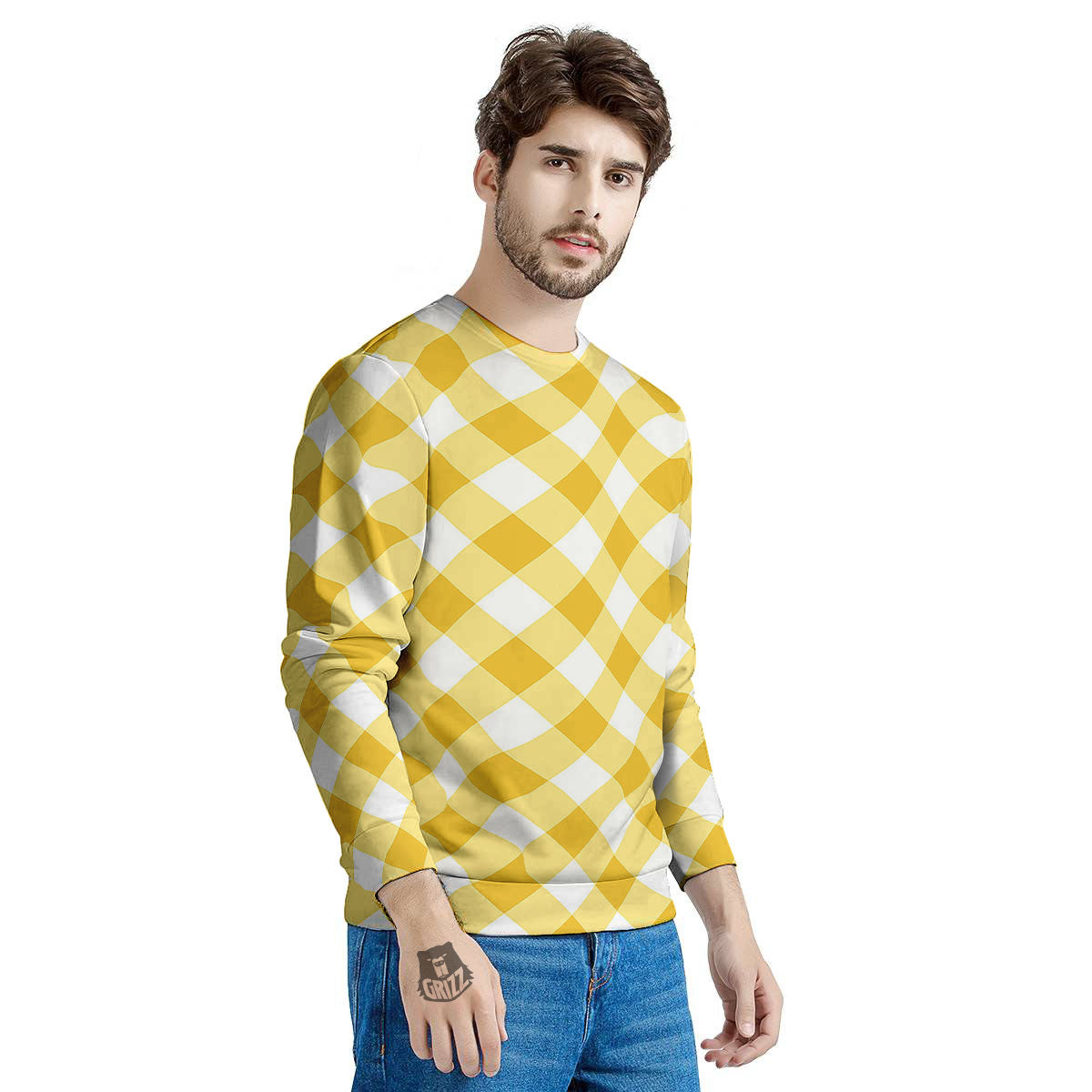 White Gingham And Yellow Honey Print Men's Sweatshirt-grizzshop