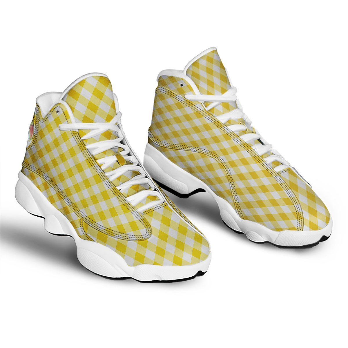 White Gingham And Yellow Honey Print White Basketball Shoes-grizzshop